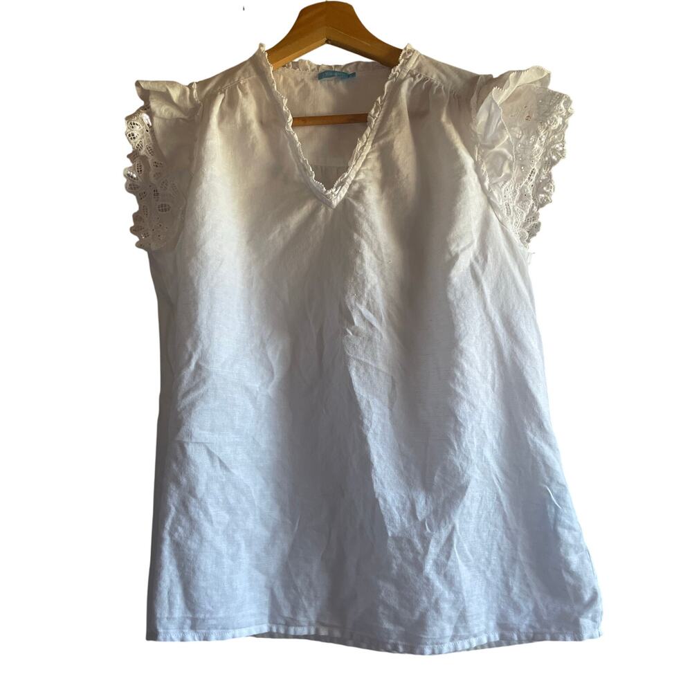 J. MCLAUGHLIN Linen Blouse Feminine Eyelet Ruffle Sleeves Women’s S